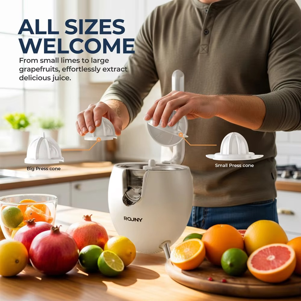 ROUNY 850W Powerful Citrus Juicer Stainless Steel Orange and Lemon Electric Set Juicer, Hard-core Press juicer, White Spaceship