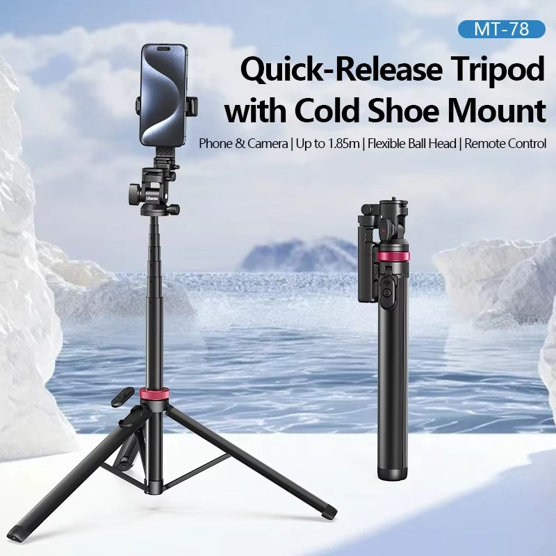 Ulanzi MT-78 Quick-Release Tripod with Cold Shoe Mount 1.85M Height for Selfie Vlogging Live Photograph with Flexible Ball Head