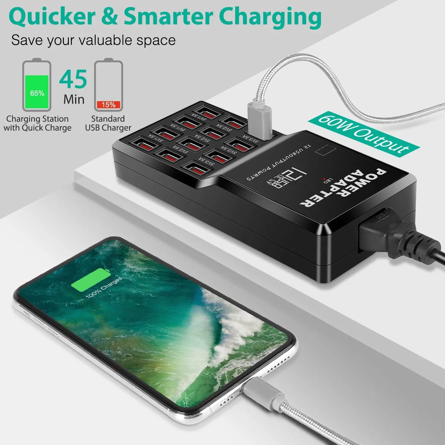 Multi 12 Port USB Charging Station Hub 60W Desktop USB Hub Multiple USB Fast Charger