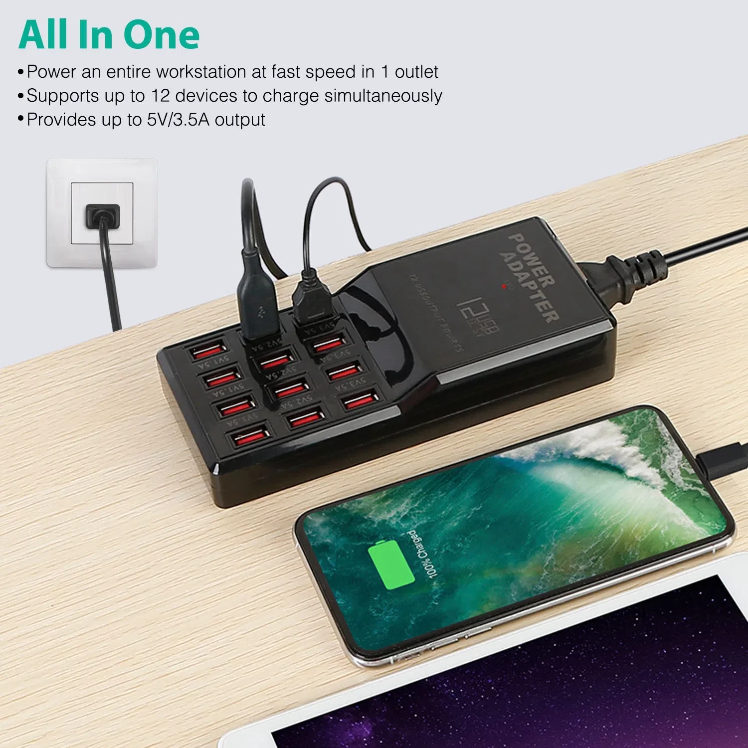 Multi 12 Port USB Charging Station Hub 60W Desktop USB Hub Multiple USB Fast Charger