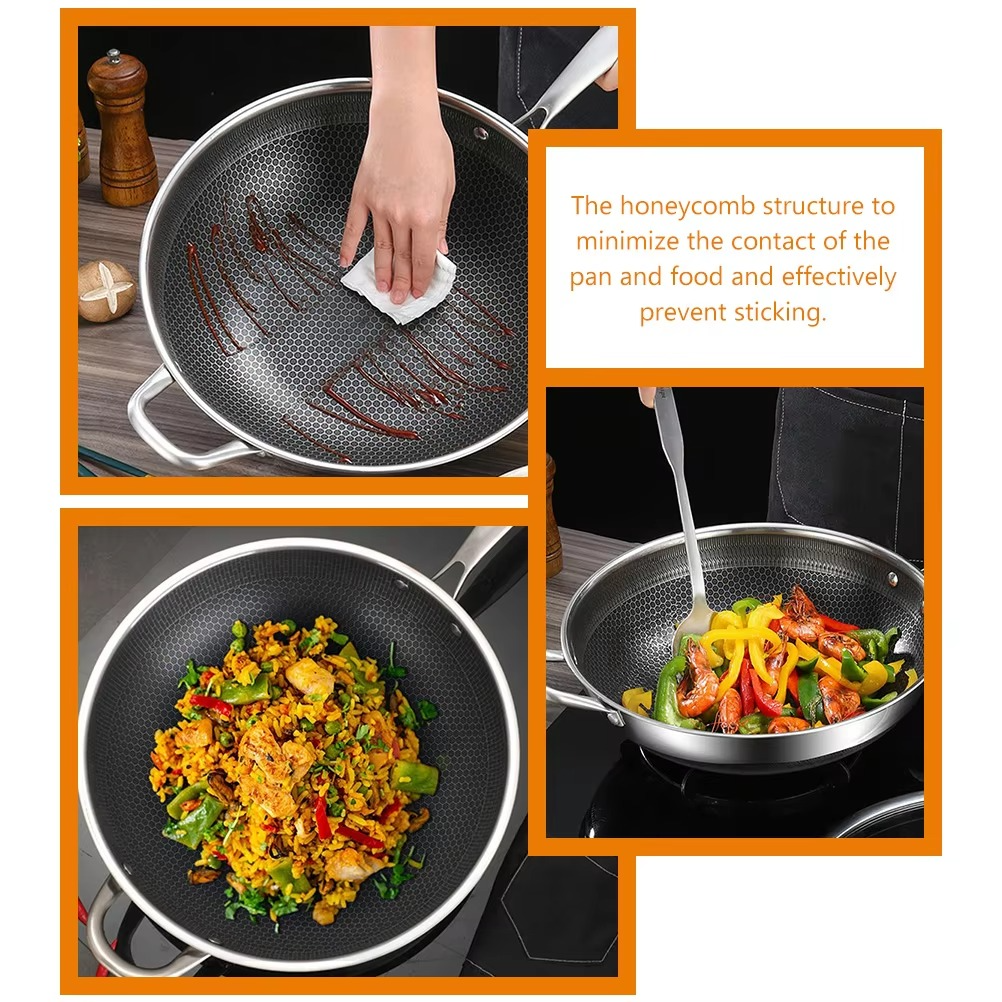 ouble Handles Stainless Steel Wok Honeycomb Frying Pan Non Stick Kitchen Cookware Wok For Gas Stove Everyday Pan Multipurpose