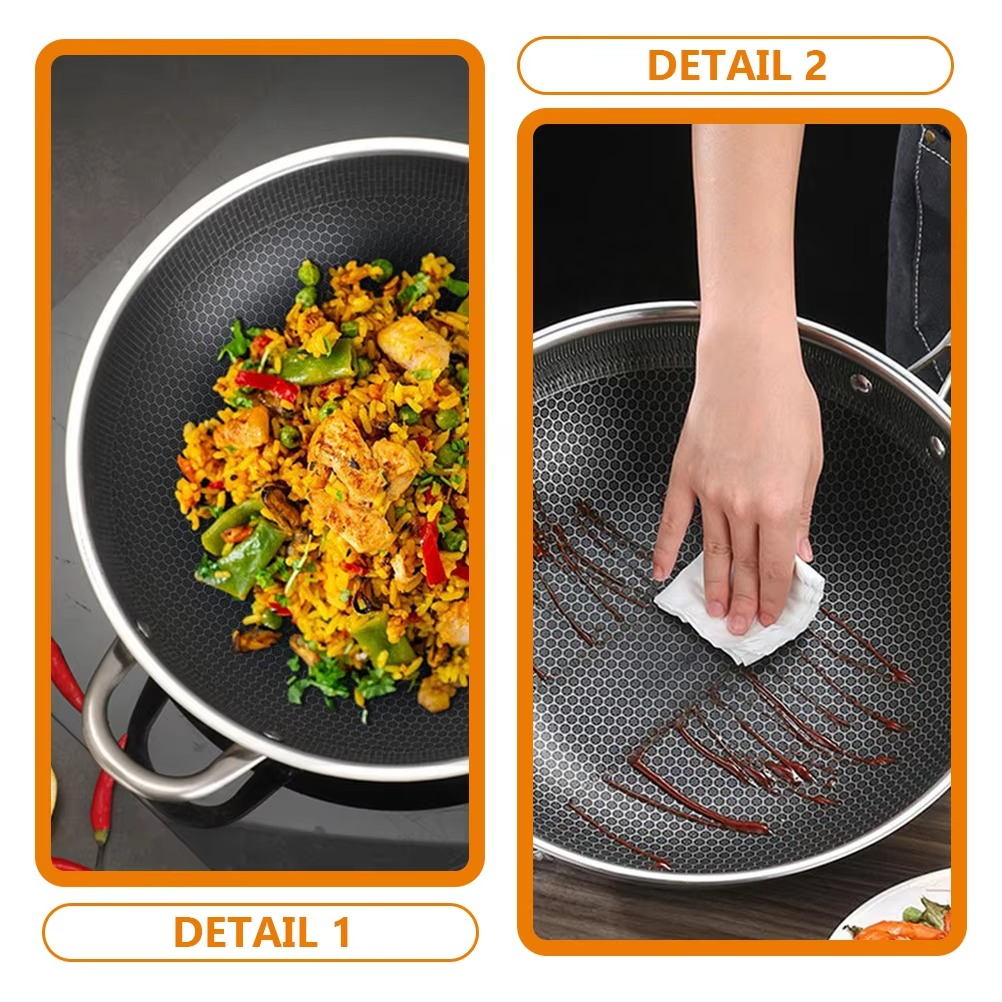 ouble Handles Stainless Steel Wok Honeycomb Frying Pan Non Stick Kitchen Cookware Wok For Gas Stove Everyday Pan Multipurpose