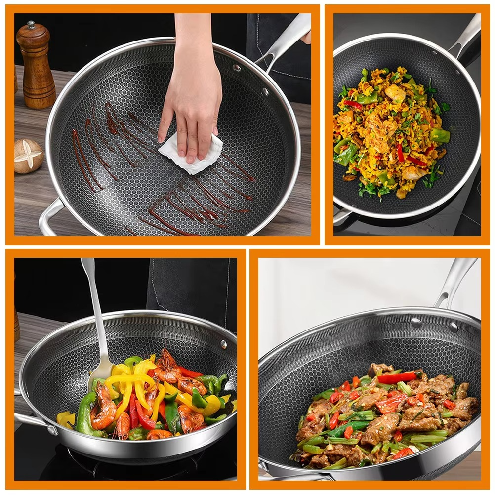 ouble Handles Stainless Steel Wok Honeycomb Frying Pan Non Stick Kitchen Cookware Wok For Gas Stove Everyday Pan Multipurpose
