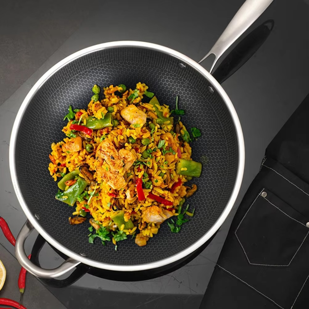 ouble Handles Stainless Steel Wok Honeycomb Frying Pan Non Stick Kitchen Cookware Wok For Gas Stove Everyday Pan Multipurpose
