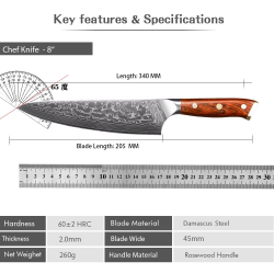 Professional Kitchen Knife Damascus Steel Japanese Forged Chef Knives Stainless Steel Santoku Cook Cutter Rosewood Handle