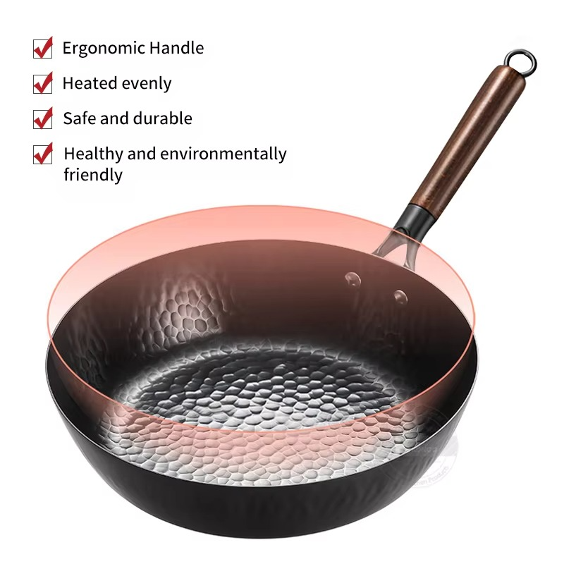Non-coated Cast Iron Wok Non-stick Pan Smokeless Fried Pan Cook Pots Kitchen Cookware Chef Pan Cooking Tools