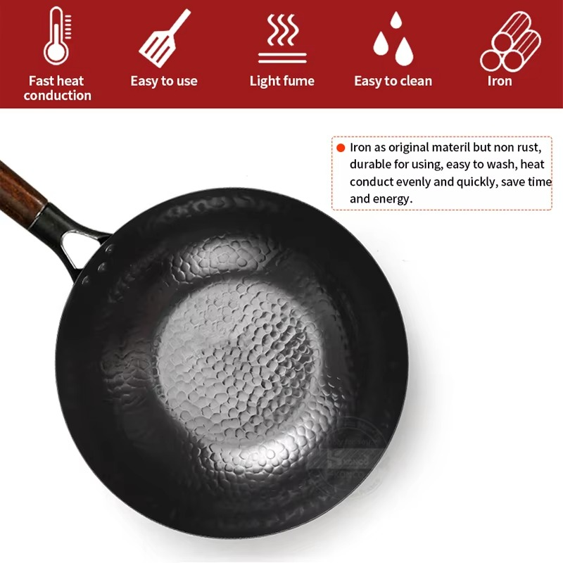 Non-coated Cast Iron Wok Non-stick Pan Smokeless Fried Pan Cook Pots Kitchen Cookware Chef Pan Cooking Tools