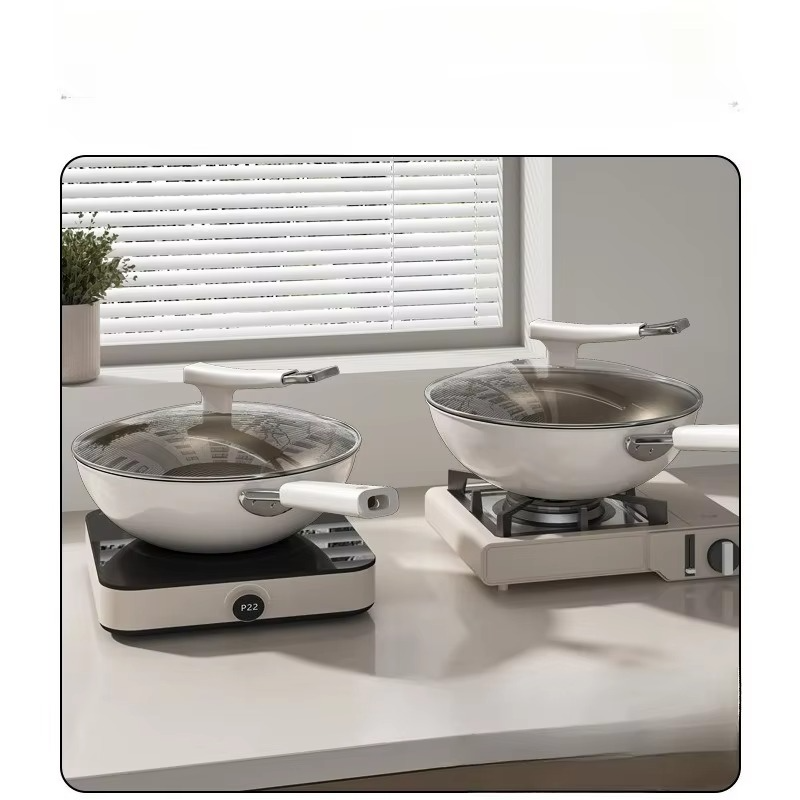Titanium uncoated ceramic household flat bottomed stir fry pan, non stick to gas electromagnetic stove special