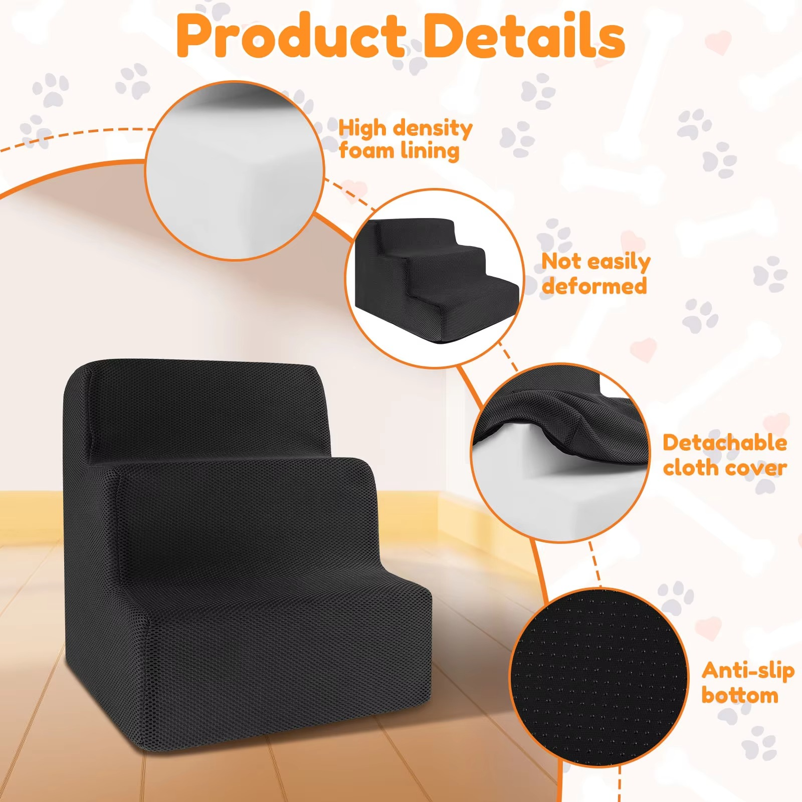 3 Step Pet Stairs High Density Soft Foam Small Dog Ramp Ladder Stair Removable and Washable Non-Slip Dog/Cat Steps Pet Supplies
