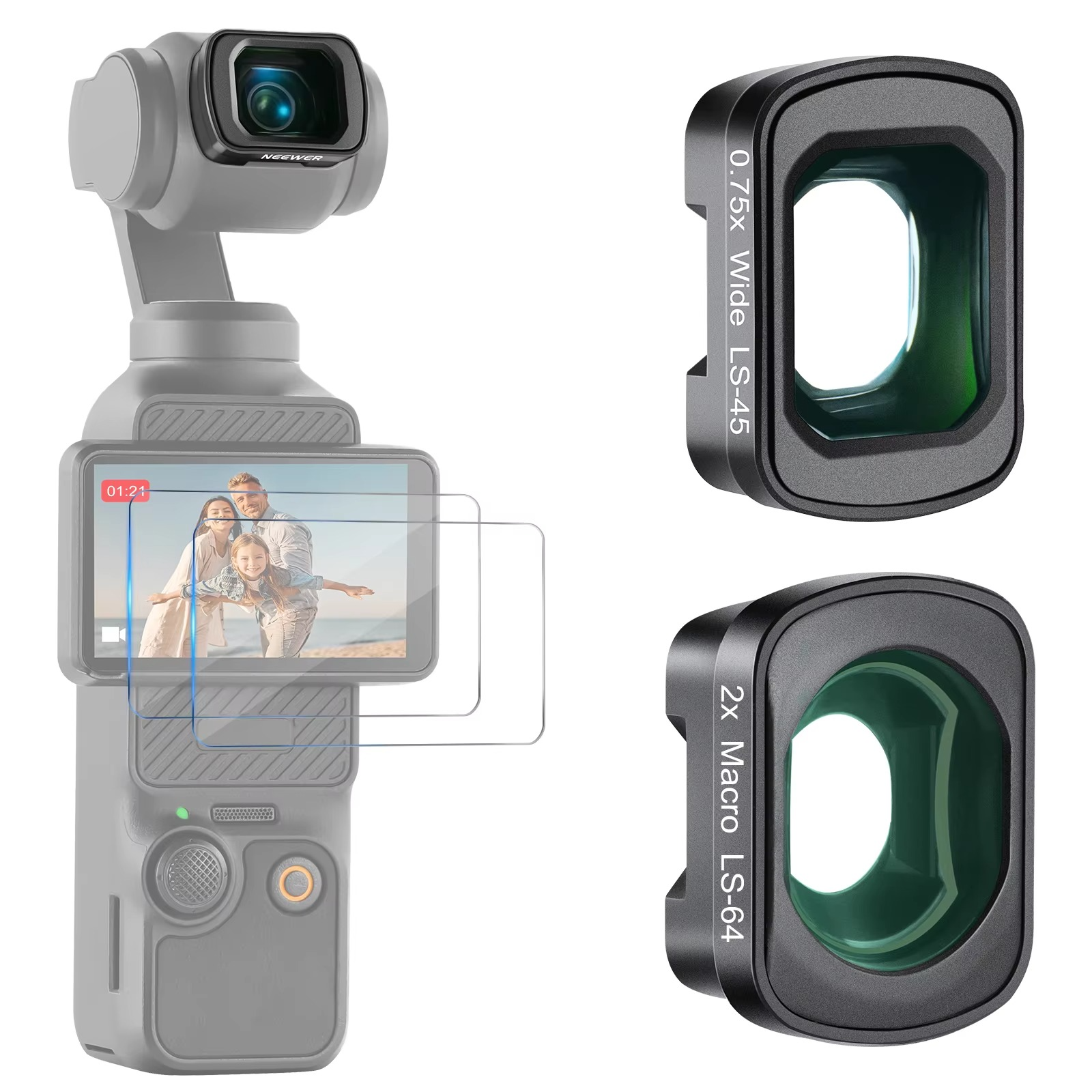 NEEWER 0.75X Wide Angle & 2X Macro Lens Set Compatible with DJI Osmo Pocket 3 Creator Combo Accessories, 108° FOV