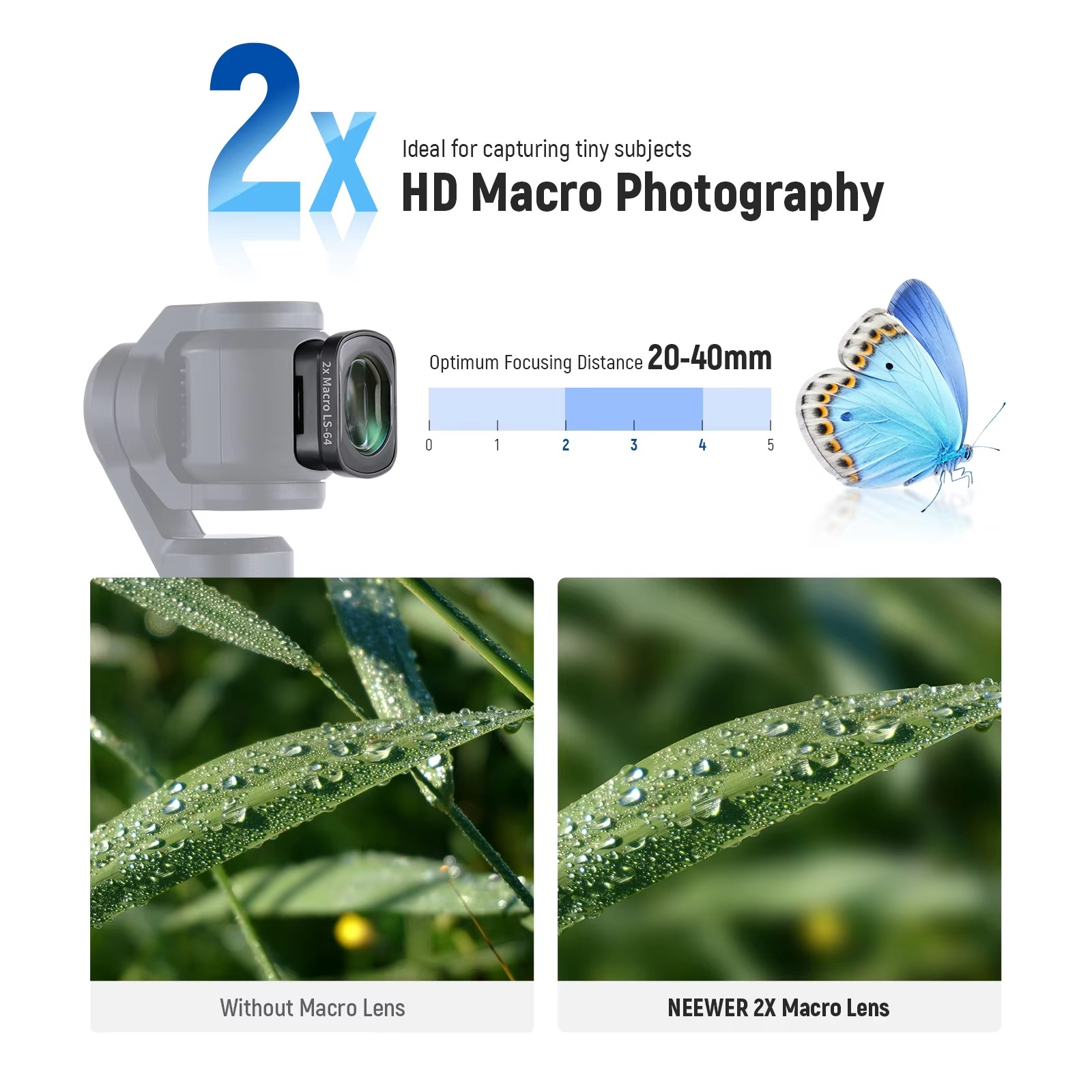 NEEWER 0.75X Wide Angle & 2X Macro Lens Set Compatible with DJI Osmo Pocket 3 Creator Combo Accessories, 108° FOV