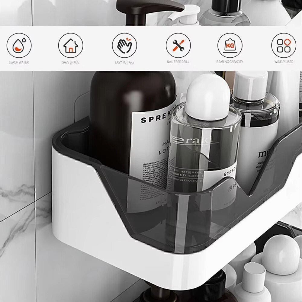 No Drill Bathroom Shelf Plastic Shower Organizer Wall Mounted Toiletries Storage Rack Shampoo Holder Bath Accessories