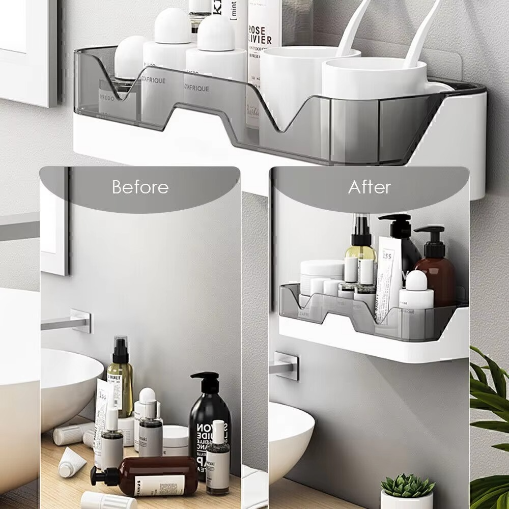 No Drill Bathroom Shelf Plastic Shower Organizer Wall Mounted Toiletries Storage Rack Shampoo Holder Bath Accessories