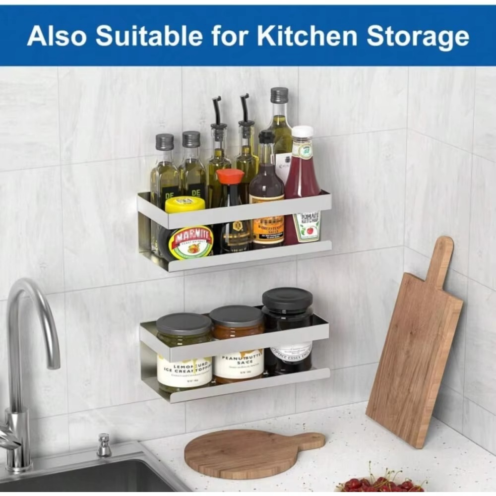 Stainless Steel Bathroom Shelves Self Adhesive Shower Caddy Organizer Storage Rack Bathroom Kitchen Shelf Waterproof Space Saver