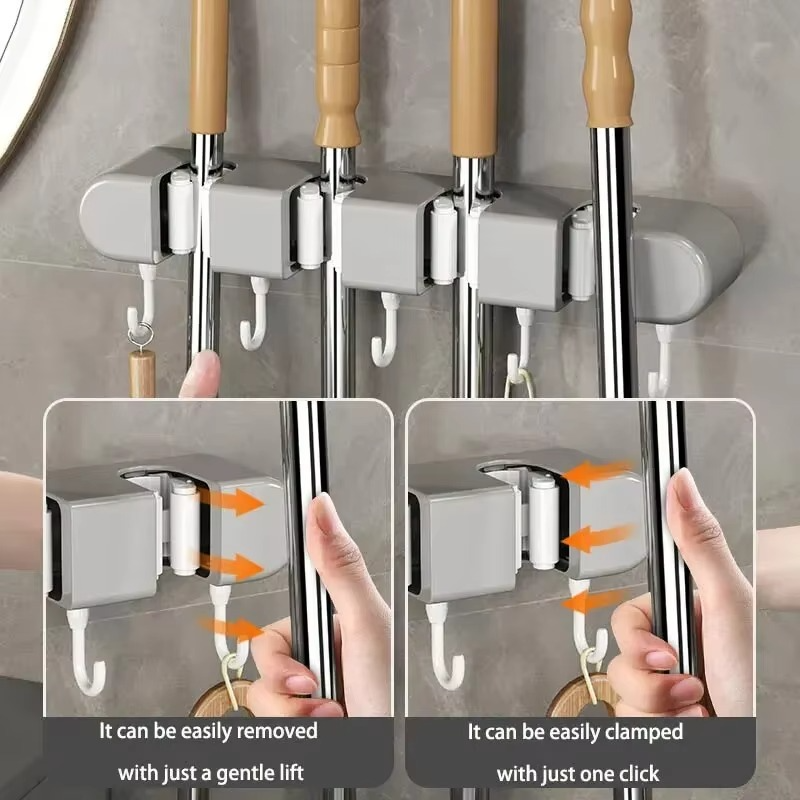 Broom Mop Holder Wall Mounted Kitchen Household Mop Holder Strong Snap Fastener Mop Clamp Multipurpose Bathroom Organizer