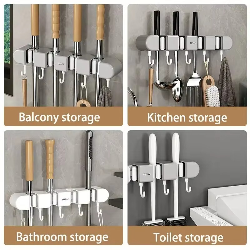 Broom Mop Holder Wall Mounted Kitchen Household Mop Holder Strong Snap Fastener Mop Clamp Multipurpose Bathroom Organizer