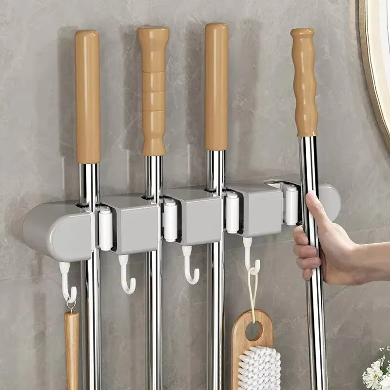 Broom Mop Holder Wall Mounted Kitchen Household Mop Holder Strong Snap Fastener Mop Clamp Multipurpose Bathroom Organizer