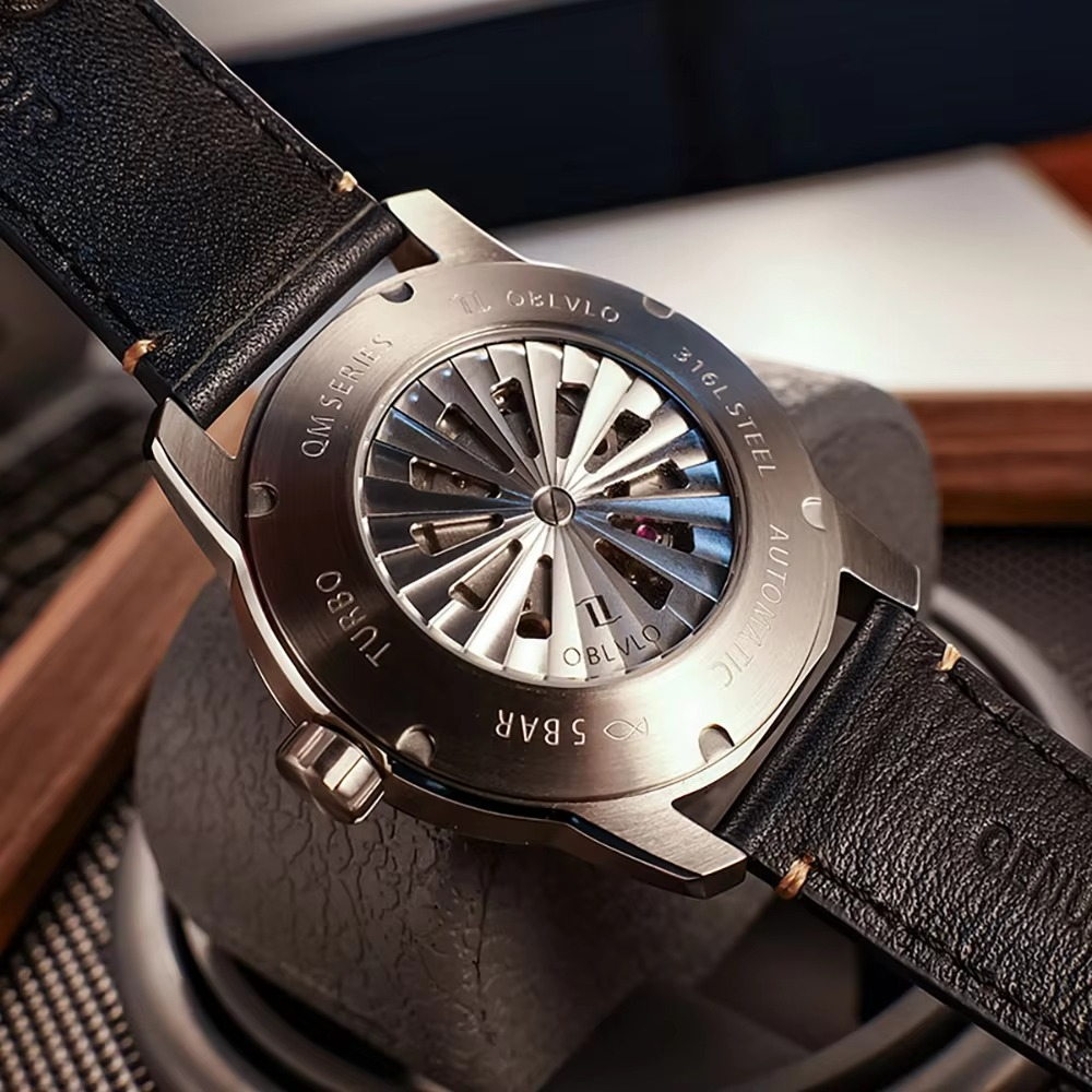 OBLVLO Brand Luxury Mens Mechanical Automatic Watch New Design Earth Dial Sapphire Luminous Blue Leather Watch for Men JM-EARTH