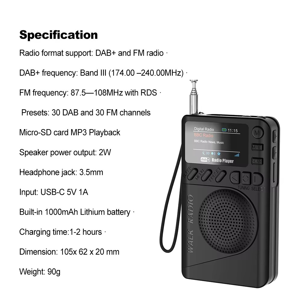 Mini Pocket Radio Portable FM/DAB/DAB+ Radio TF Card MP3 Player Clock USB Rechargeable FM DAB Receiver 1.47" Color LCD Display