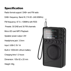 Mini Pocket Radio Portable FM/DAB/DAB+ Radio TF Card MP3 Player Clock USB Rechargeable FM DAB Receiver 1.47" Color LCD Display