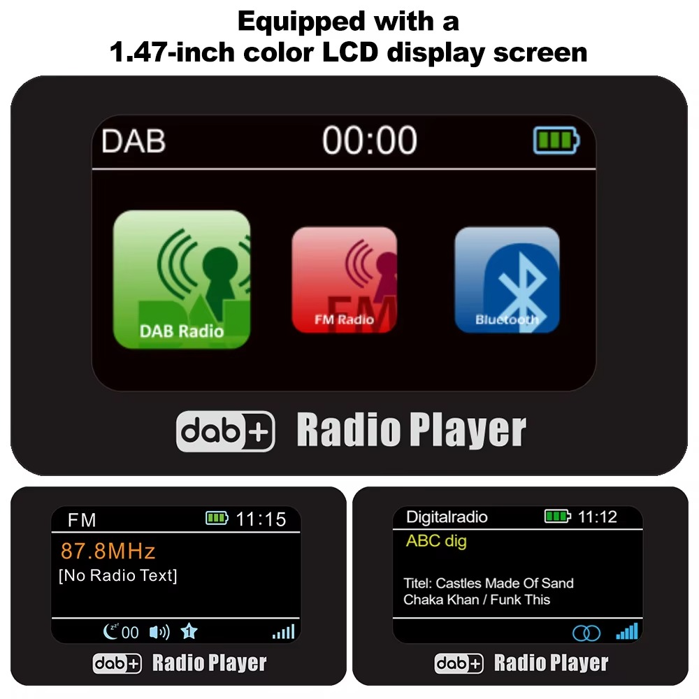 Mini Pocket Radio Portable FM/DAB/DAB+ Radio TF Card MP3 Player Clock USB Rechargeable FM DAB Receiver 1.47" Color LCD Display