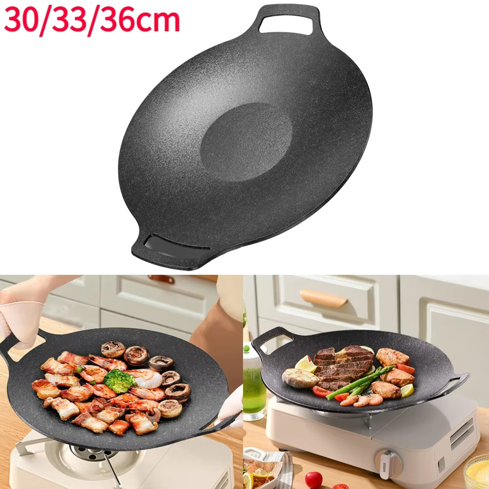 Grilling Pan Non-stick Thick Cast Iron Frying Pan Flat Pancake Griddle Stone Cooker BBQ Grill Induction Cooking Pot for Outdoor