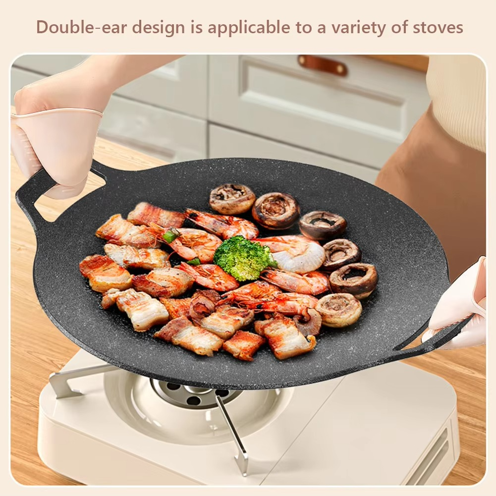 Grilling Pan Non-stick Thick Cast Iron Frying Pan Flat Pancake Griddle Stone Cooker BBQ Grill Induction Cooking Pot for Outdoor
