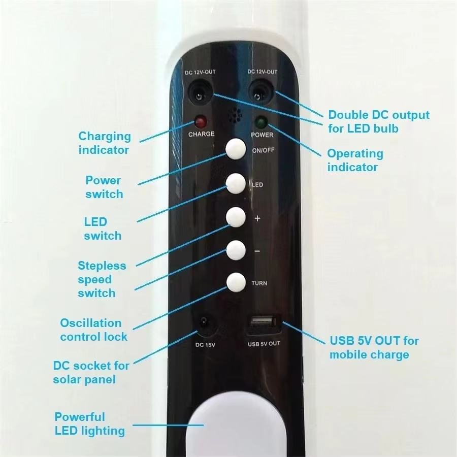 18 Inch Rechargeable 9 Wind Speed AC DC Solar Emergency Stand Fan with LED Light and Remote Control Rechargeable Standing Fan