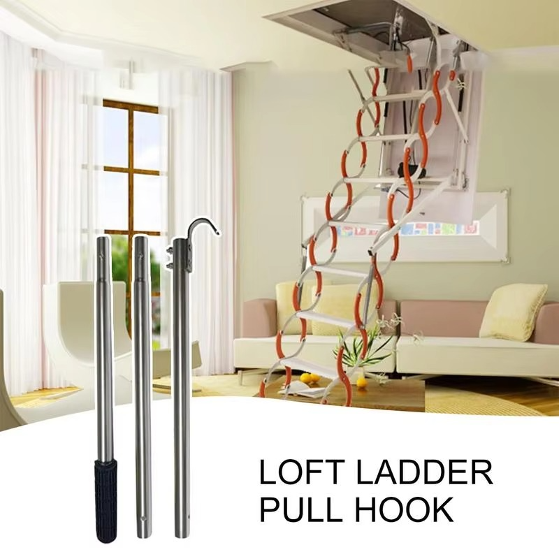 Attic Stairs Pull Down Kit Telescopic Ladder Tool with Storage Hooks Loft Extension Pole Home Improvement Attic Access Solutions