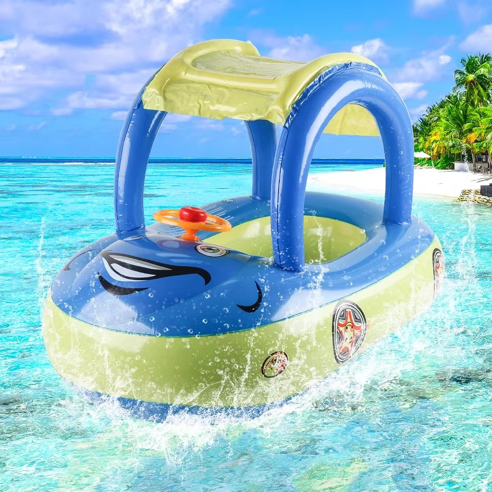 Baby Car Shape Toddler Pool Float Children's Inflatable Swim Ring with Sunshade Swimming Pool Toy for Kids Summer Water Fun