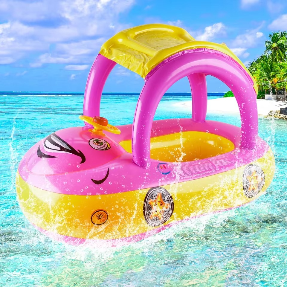 Baby Car Shape Toddler Pool Float Children's Inflatable Swim Ring with Sunshade Swimming Pool Toy for Kids Summer Water Fun
