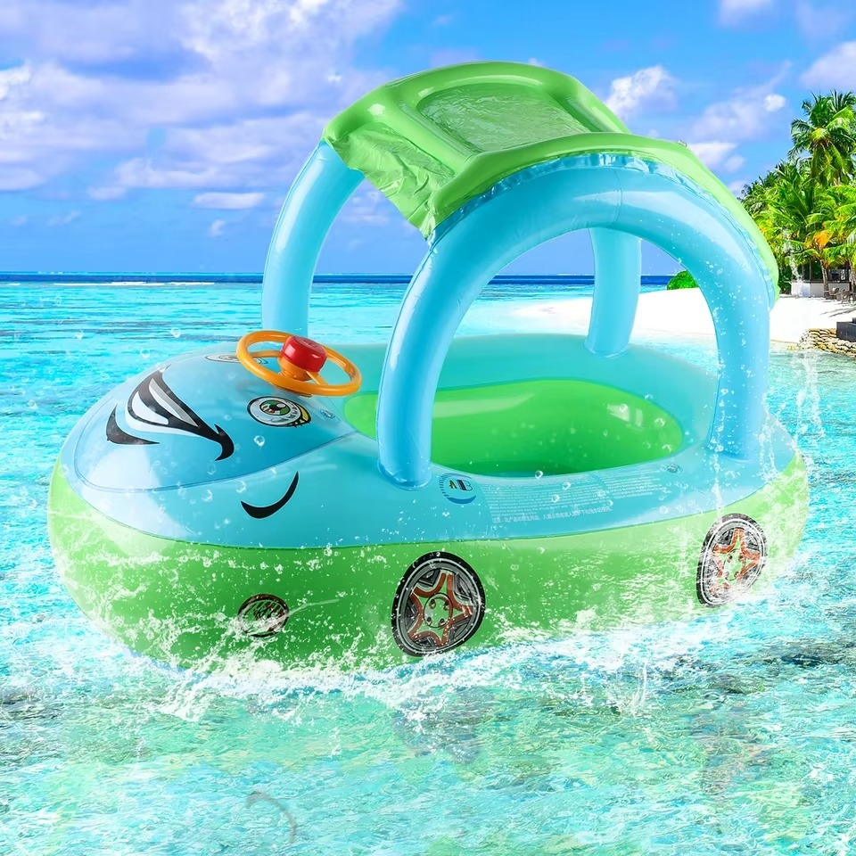 Baby Car Shape Toddler Pool Float Children's Inflatable Swim Ring with Sunshade Swimming Pool Toy for Kids Summer Water Fun