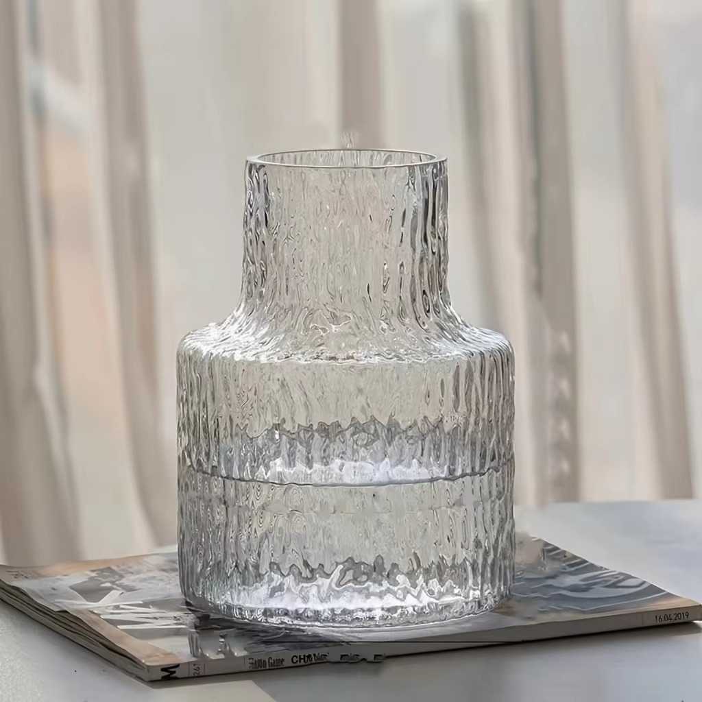 Nordic Vintage-Style Textured Glass Vase for Wide-Mouth Flower Arrangements, Perfect for Home And Table Decoration