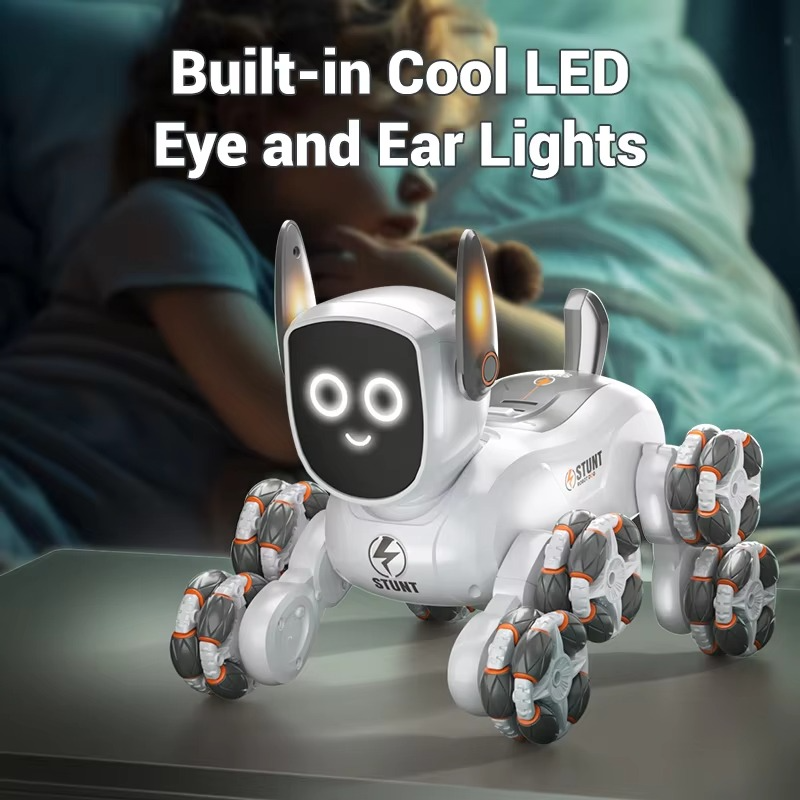 8-Wheel Remote Control Mechanical Dog 2.4G 4WD 360° Rotation One Key Demo Dynamic Music RC Toy for Kids Pet Play Outdoor Gifts