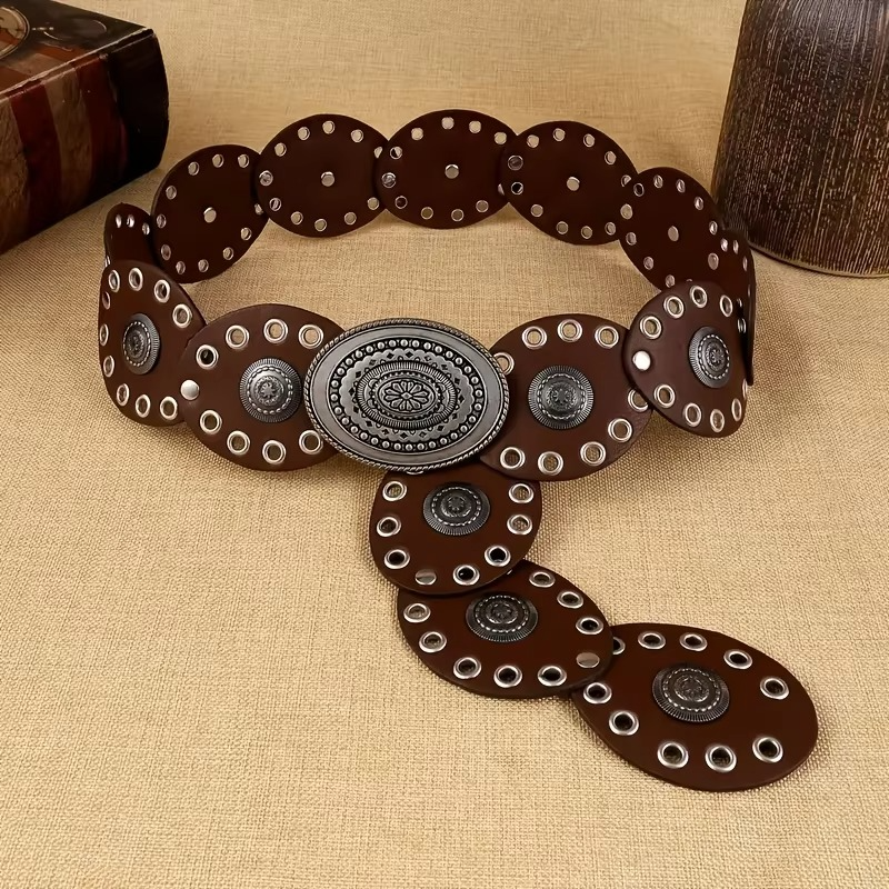 1pc Vintage Style Women'S Faux PU Belt with Oval Rivet Buckle