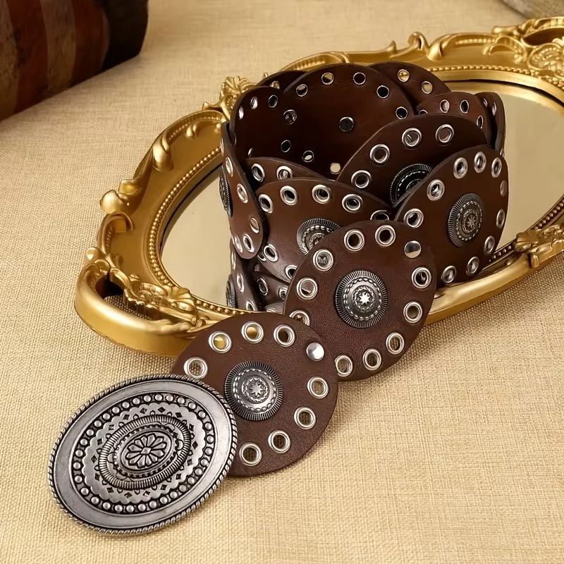 1pc Vintage Style Women'S Faux PU Belt with Oval Rivet Buckle