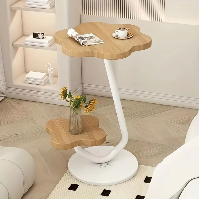 Cream Petal Accent Table - Double Layer Storage Side Table W/ Metal Base | Modern Minimalist Coffee & End Table for Living Room