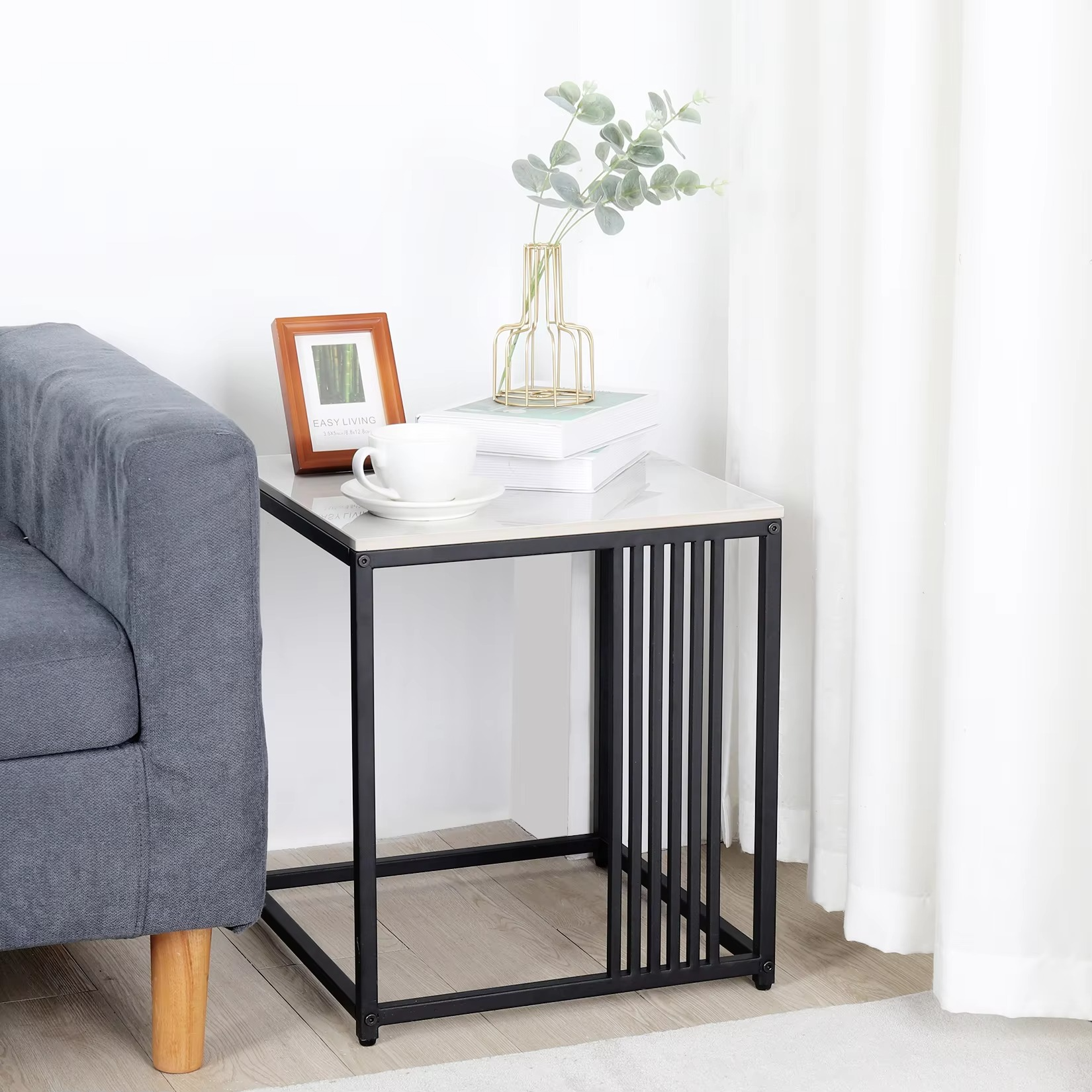 Minimalism Marble Stone Side Table White Top Black Frame End Side Coffee Tables Modern Furniture