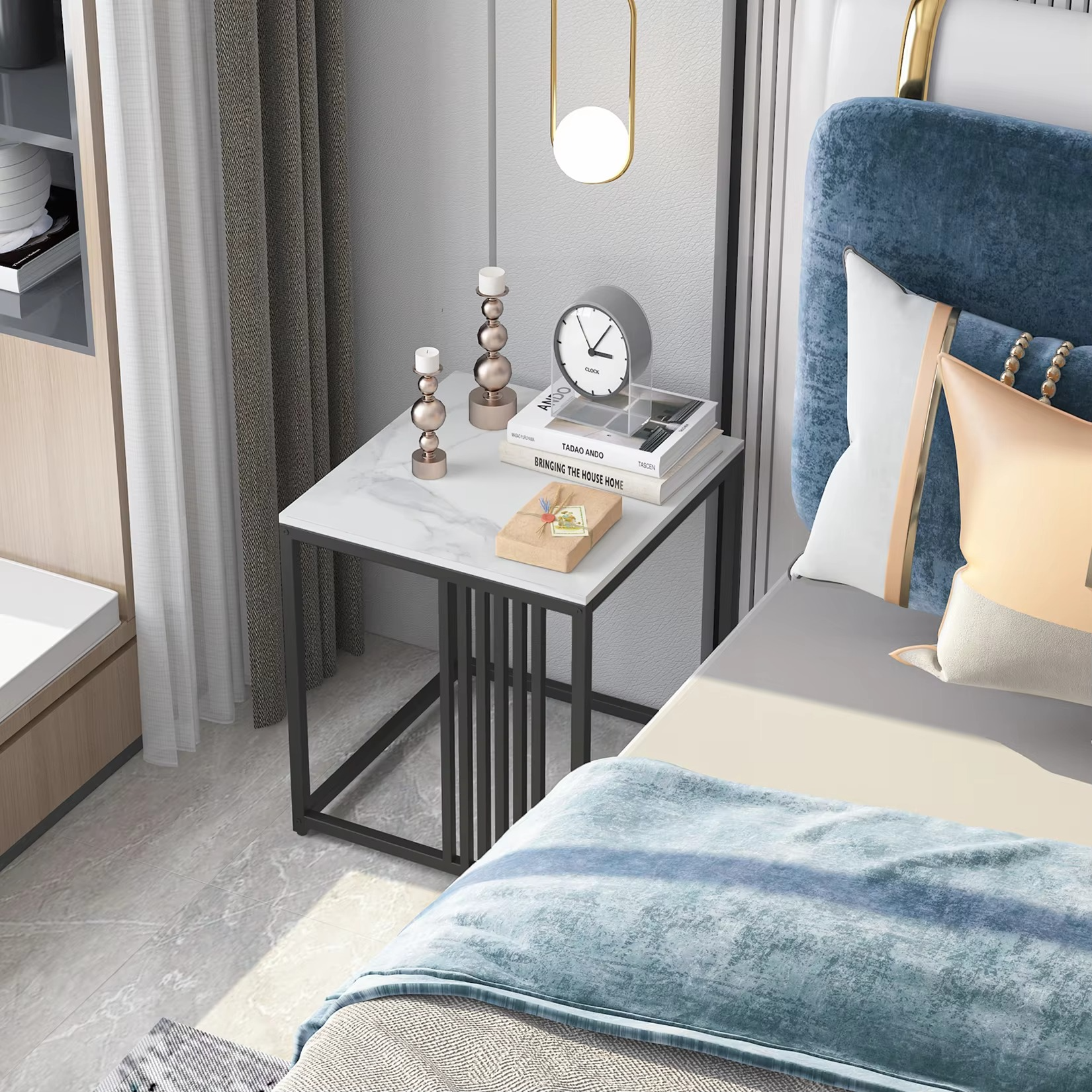 Minimalism Marble Stone Side Table White Top Black Frame End Side Coffee Tables Modern Furniture