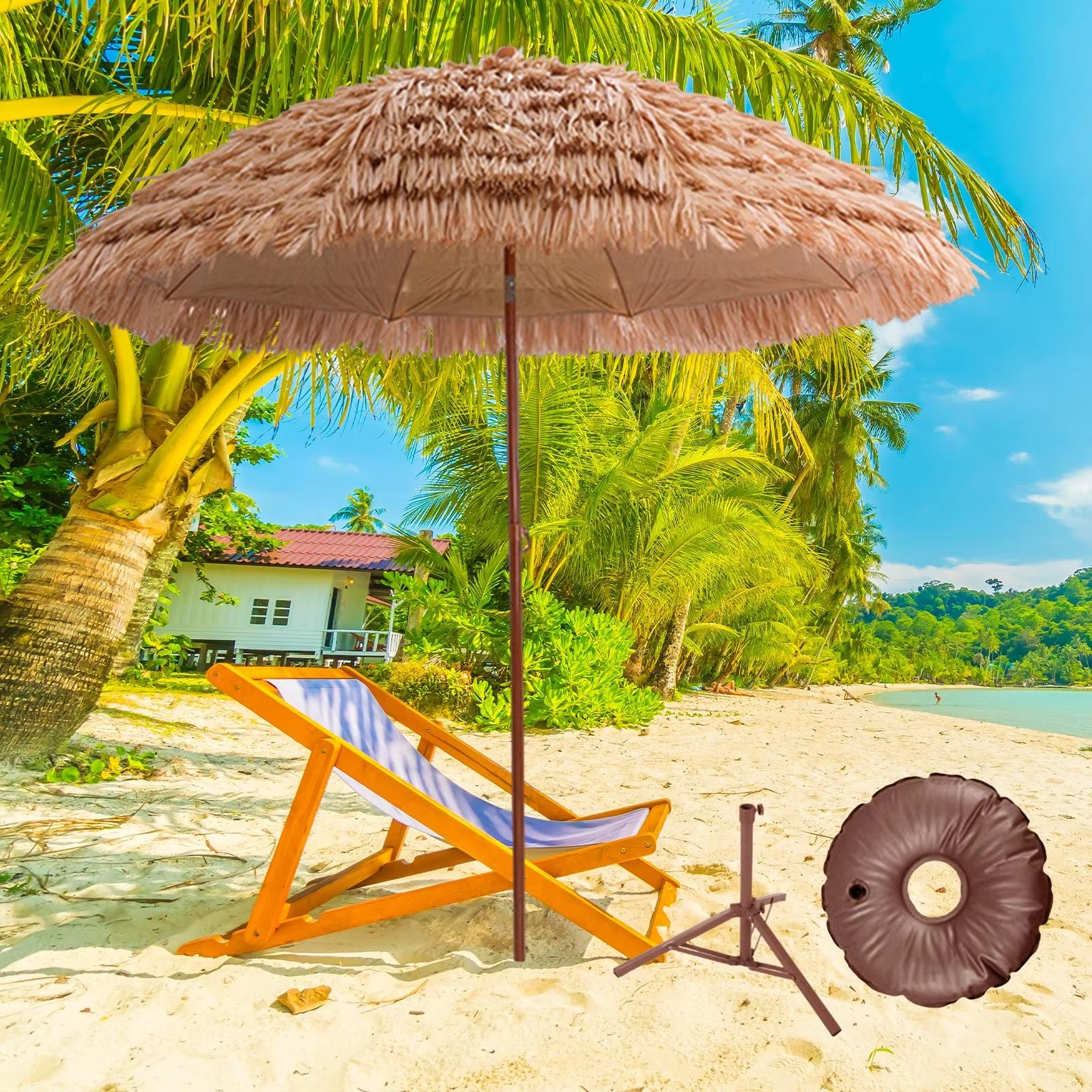 63inch Artifical Thatched Garden Umbrella with Tripod Base Beach Umbrella Metal Pole for Pool Backyard Sturdy Tropical Decor