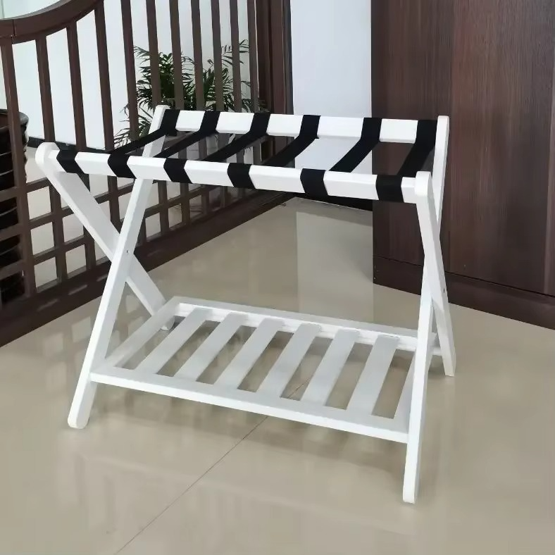 Hotel Wood Luggage Rack Double Shelving,Stand Shelf Stable Durable Suitcases Racks ,Foldable Baggage Holder Storage Holders