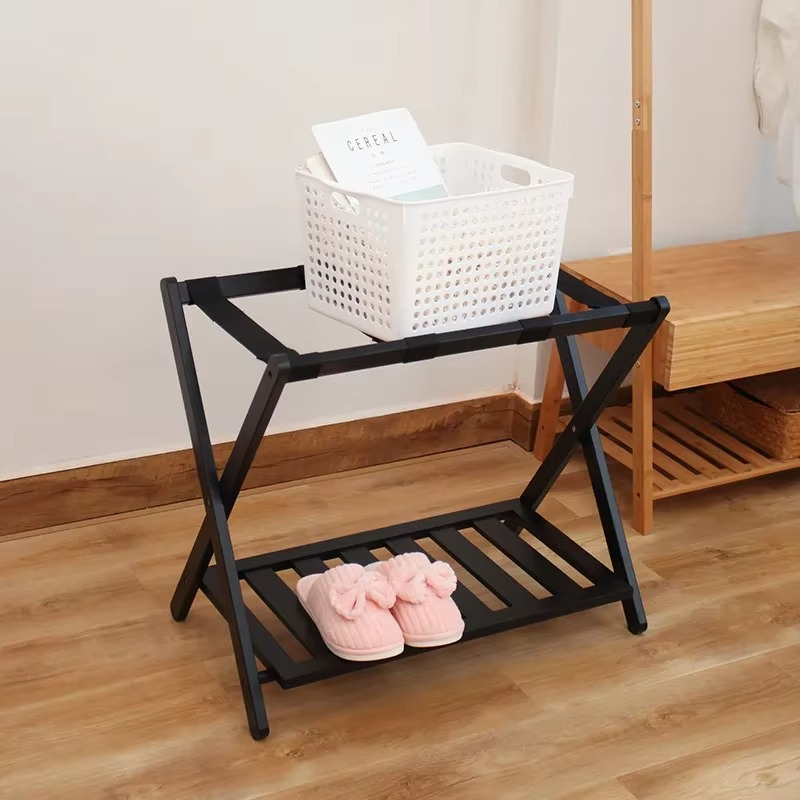 Hotel Wood Luggage Rack Double Shelving,Stand Shelf Stable Durable Suitcases Racks ,Foldable Baggage Holder Storage Holders