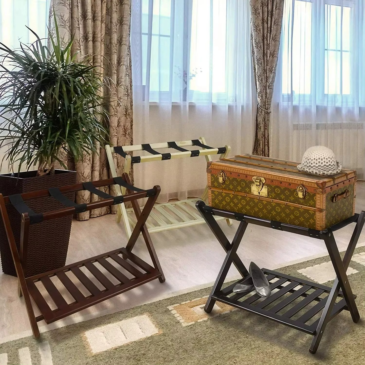 Hotel Wood Luggage Rack Double Shelving,Stand Shelf Stable Durable Suitcases Racks ,Foldable Baggage Holder Storage Holders