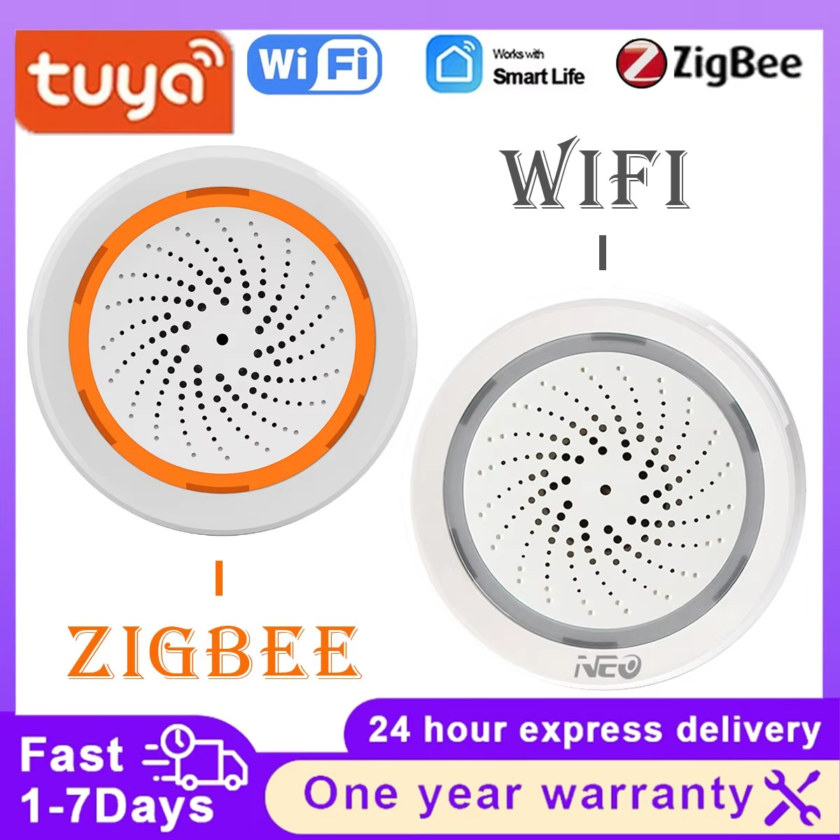 NEO Tuya Zigbee or Wifi USB Siren Alarm Sensor Sound Light Sensor Built-in 90DB Remote Control Home Security Protection Detector