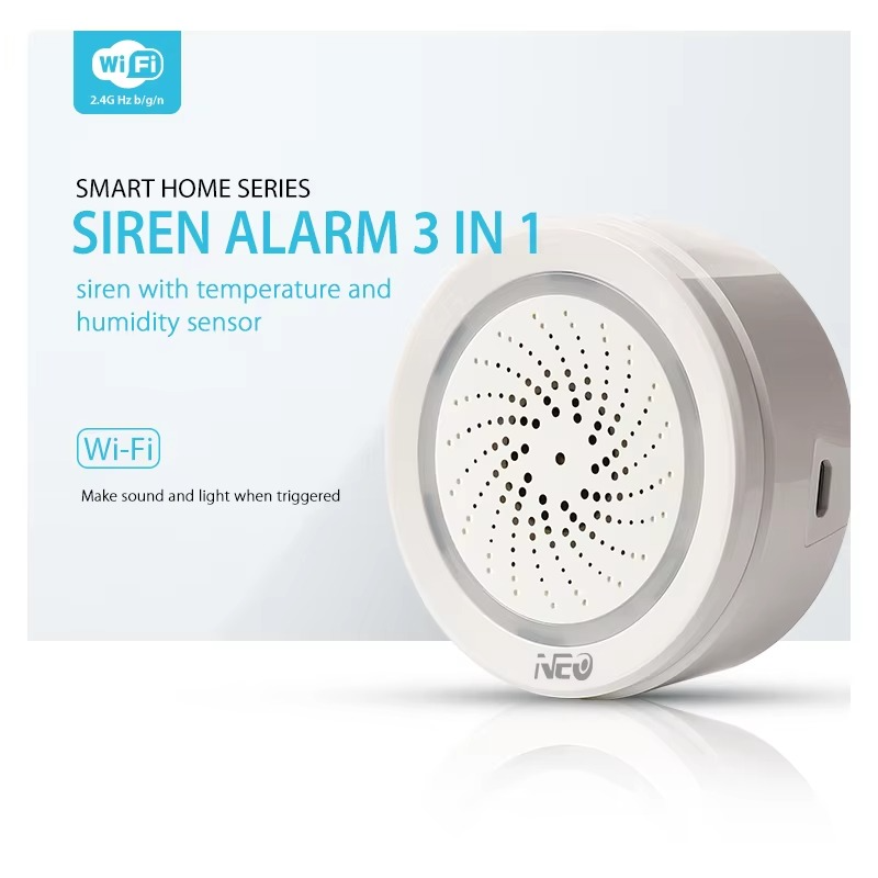 NEO Tuya Zigbee or Wifi USB Siren Alarm Sensor Sound Light Sensor Built-in 90DB Remote Control Home Security Protection Detector