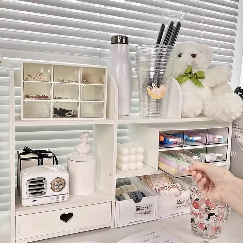 Desk Organizer with Drawer - Storage Box for Office/School Supplies & Makeup, Plastic Desktop Organizer