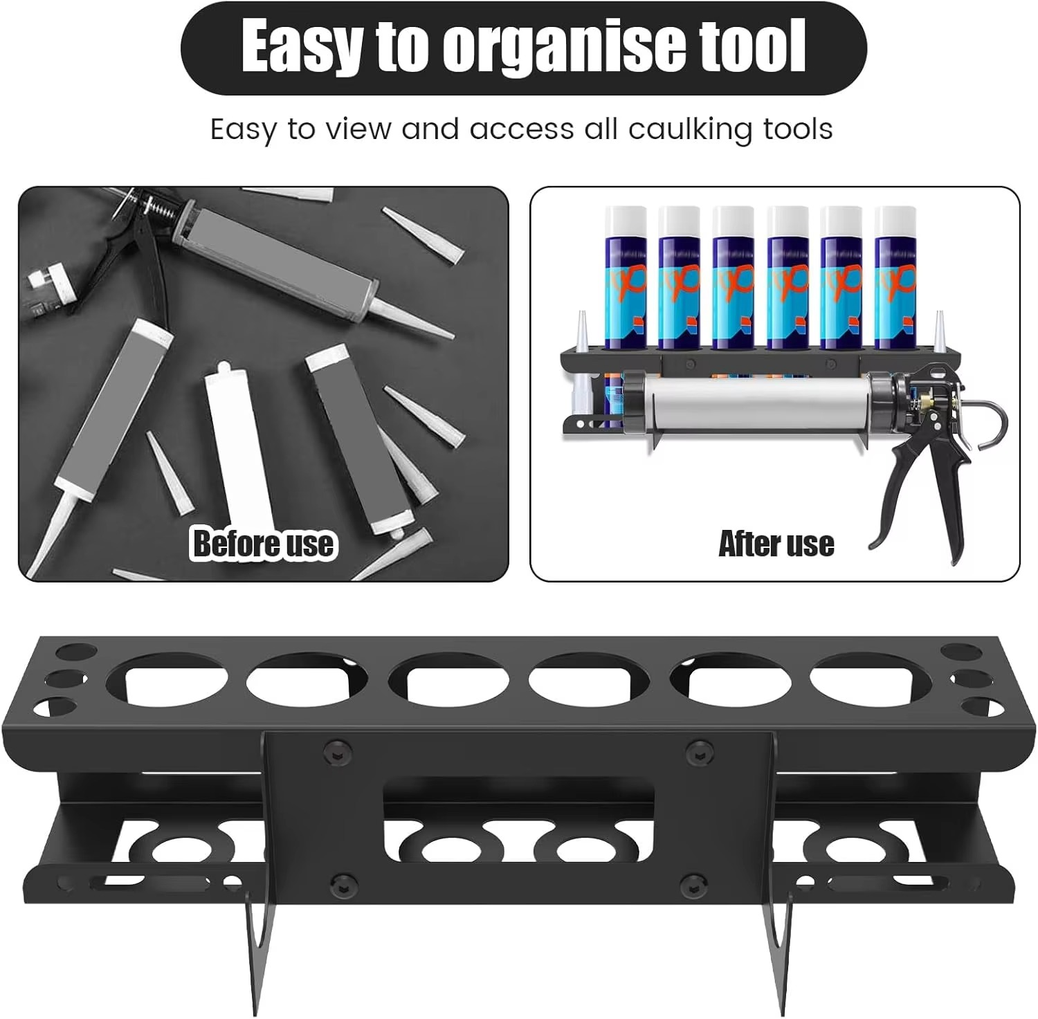 Caulking Tube Holder Caulking Gun Storage Rack Wall Mounted Sealant Organizer Holds 6 Tubes and Caulking Nozzle for Workshop