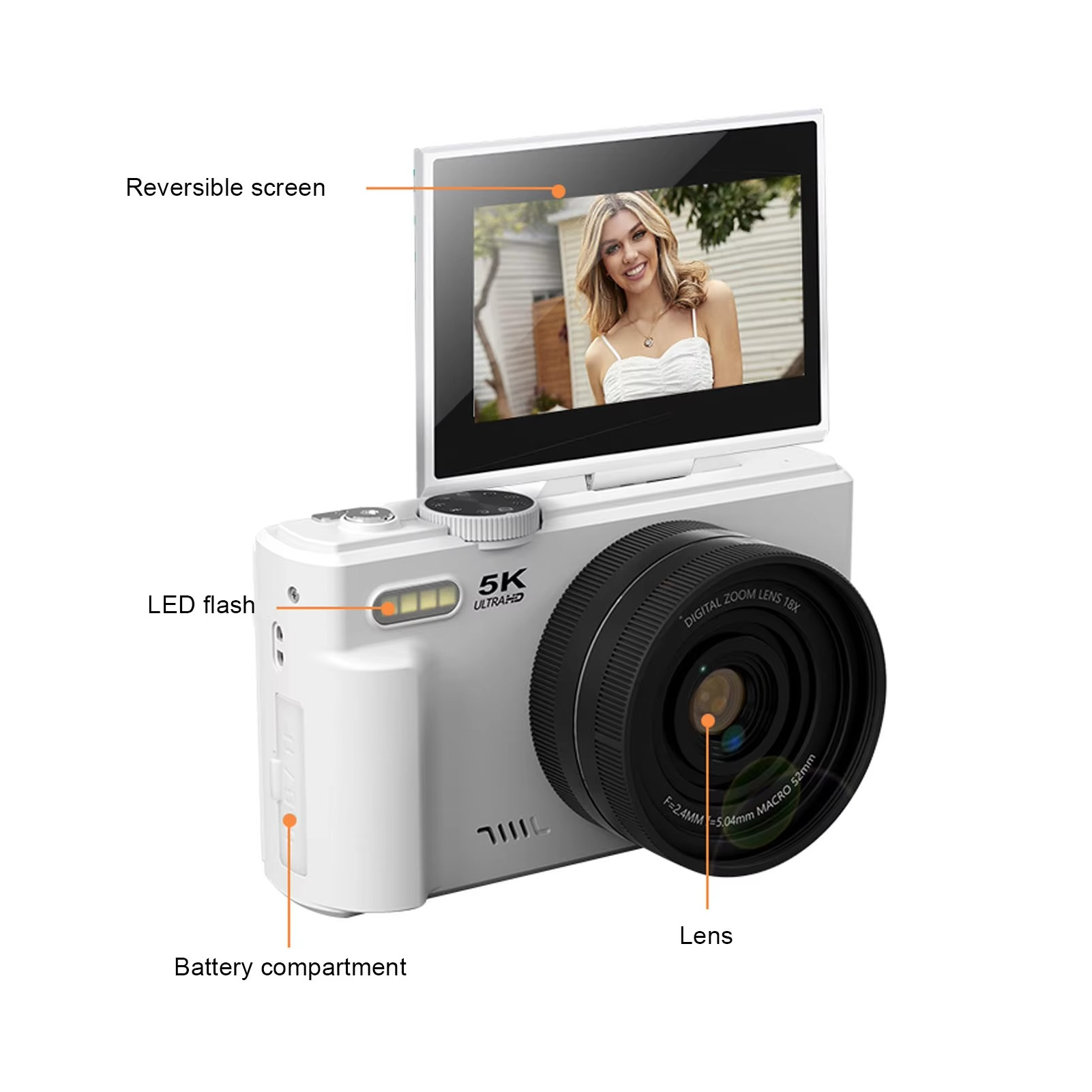 5K 75MP HD Digital Camera with 18X AF Zoom, Flip Screen & WiFi