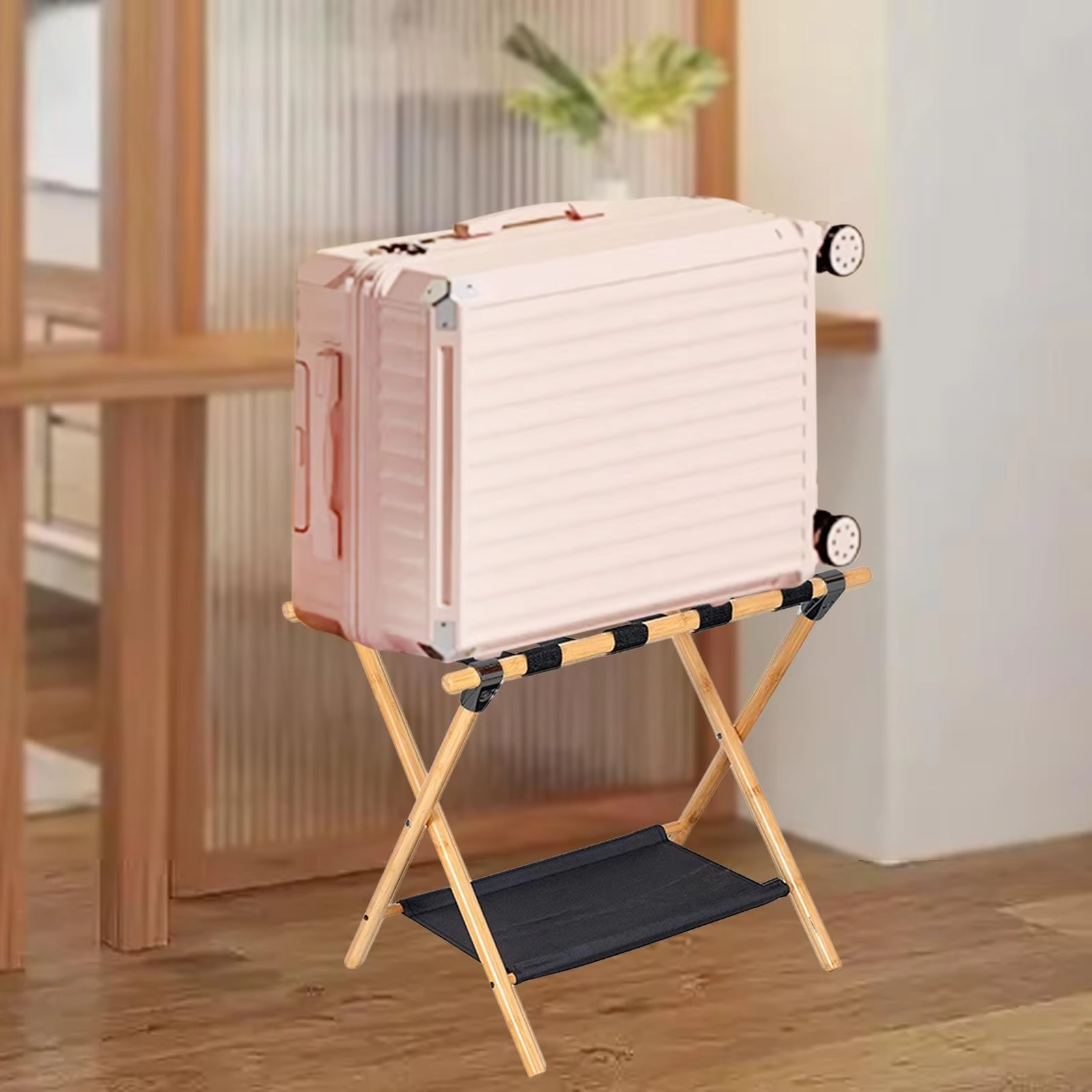 Foldable Luggage Rack Suitcase Stand Heavy Duty for Hotel Travel Two Tier Shelf Luggage Holder Organizer Travel Bag Holder