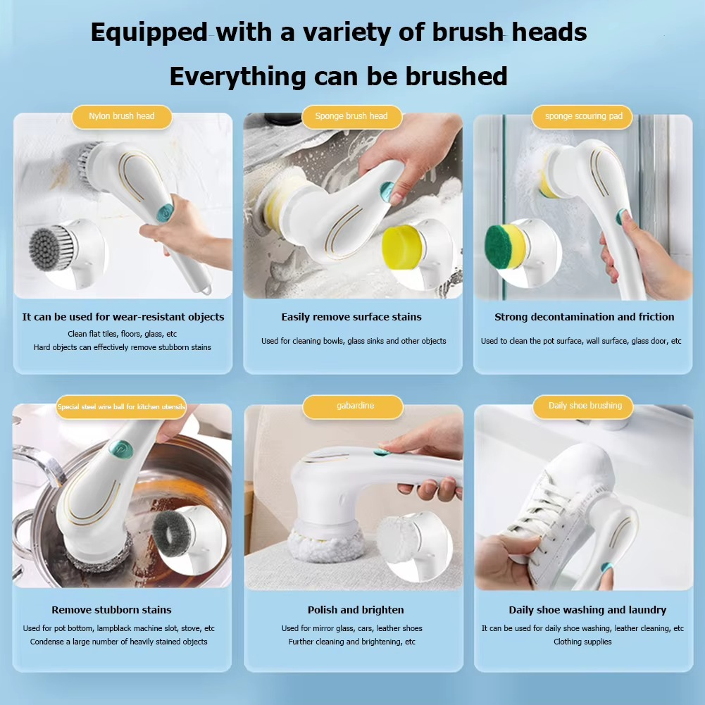 Usb Charging 5in1 Electric Cleaning Brush Living Room Bathroom Wall Bathtub Kitchen Dishwashing Brush Household Cleaning Supplie